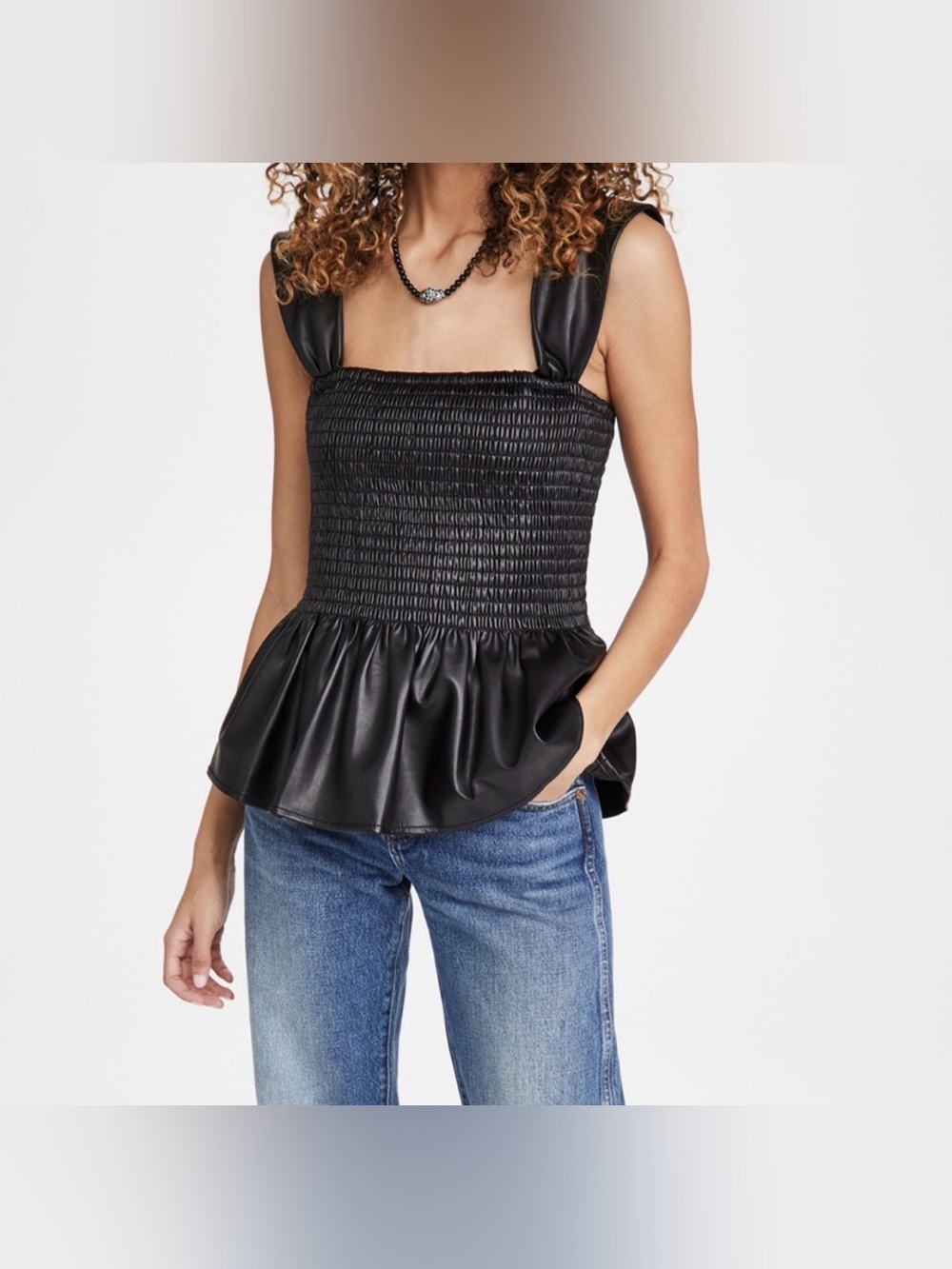 🔥 SALE Staud Black Vegan Leather Peplum Smocked Ida Top, size M